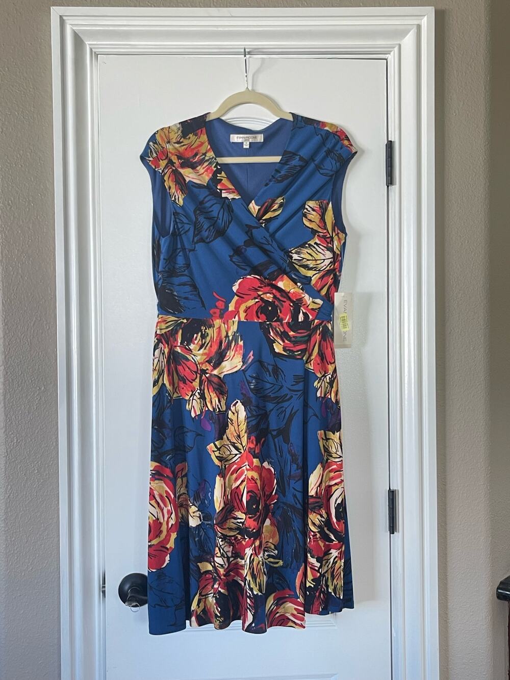 NWT Evan Picone Womens Blue Floral  V-Neck Faux Wrap Self Belt Dress Size 14